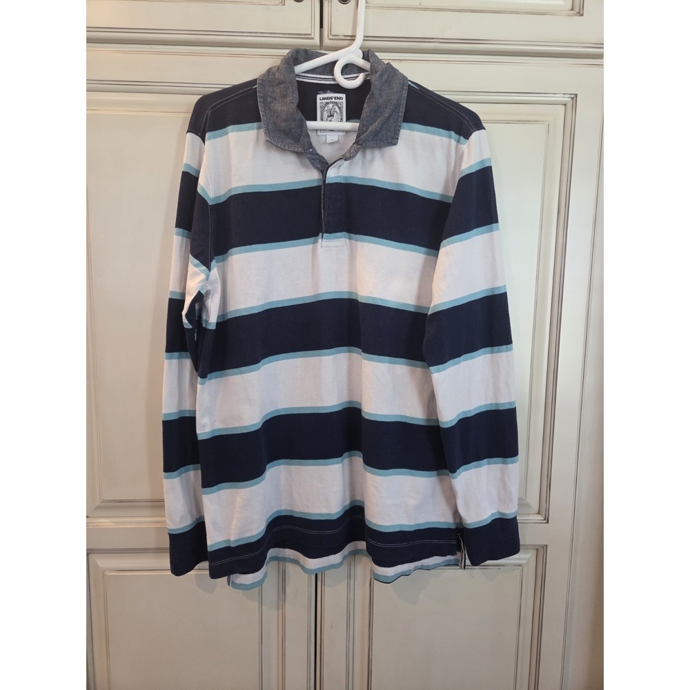 Lands End Rugby Shirt Mens Large 42 44‎ Blue And White Striped